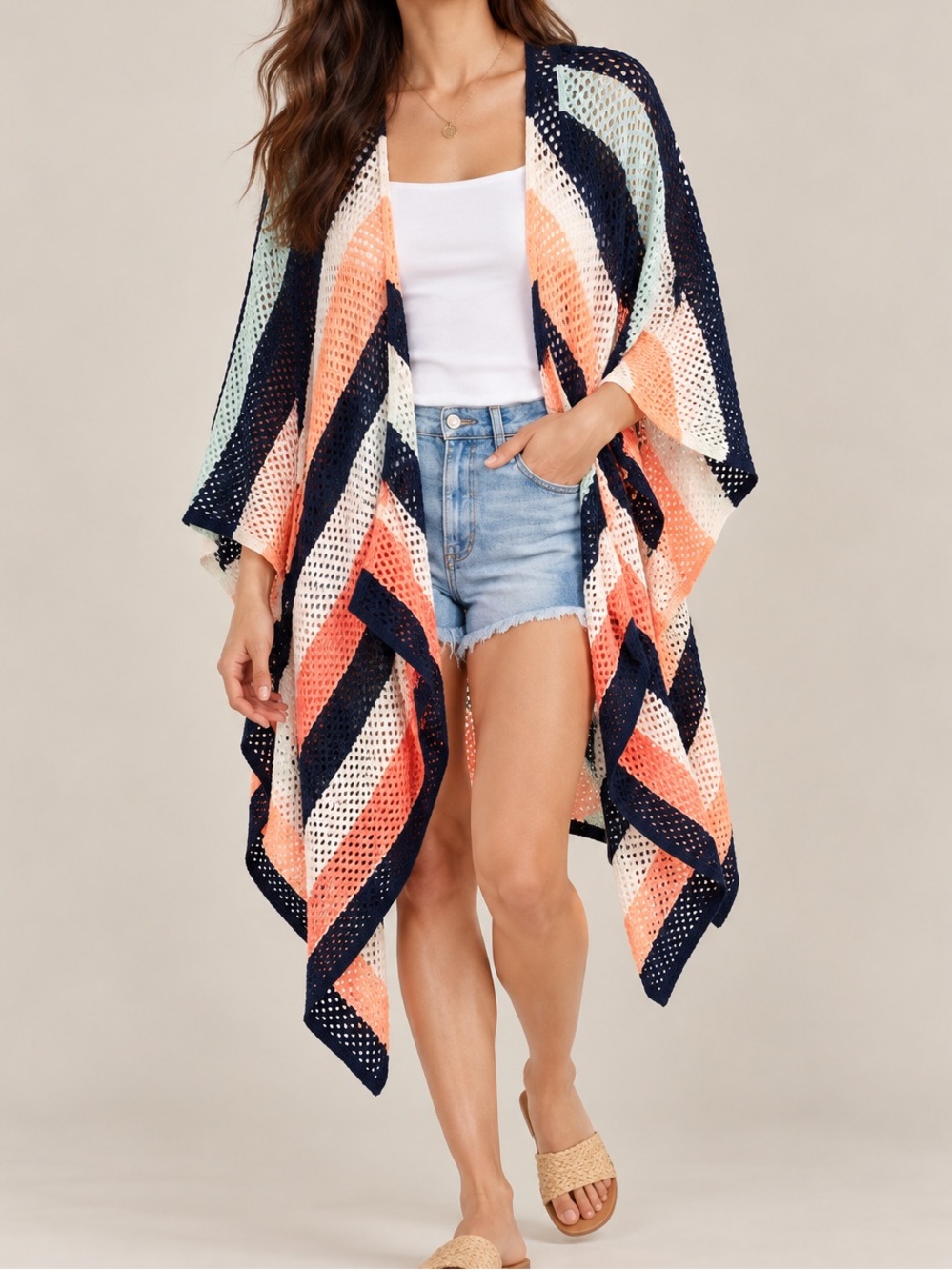 Anthropologie Roffe Striped Crochet Shrug Kimono Poncho Open Knit One Size NWT